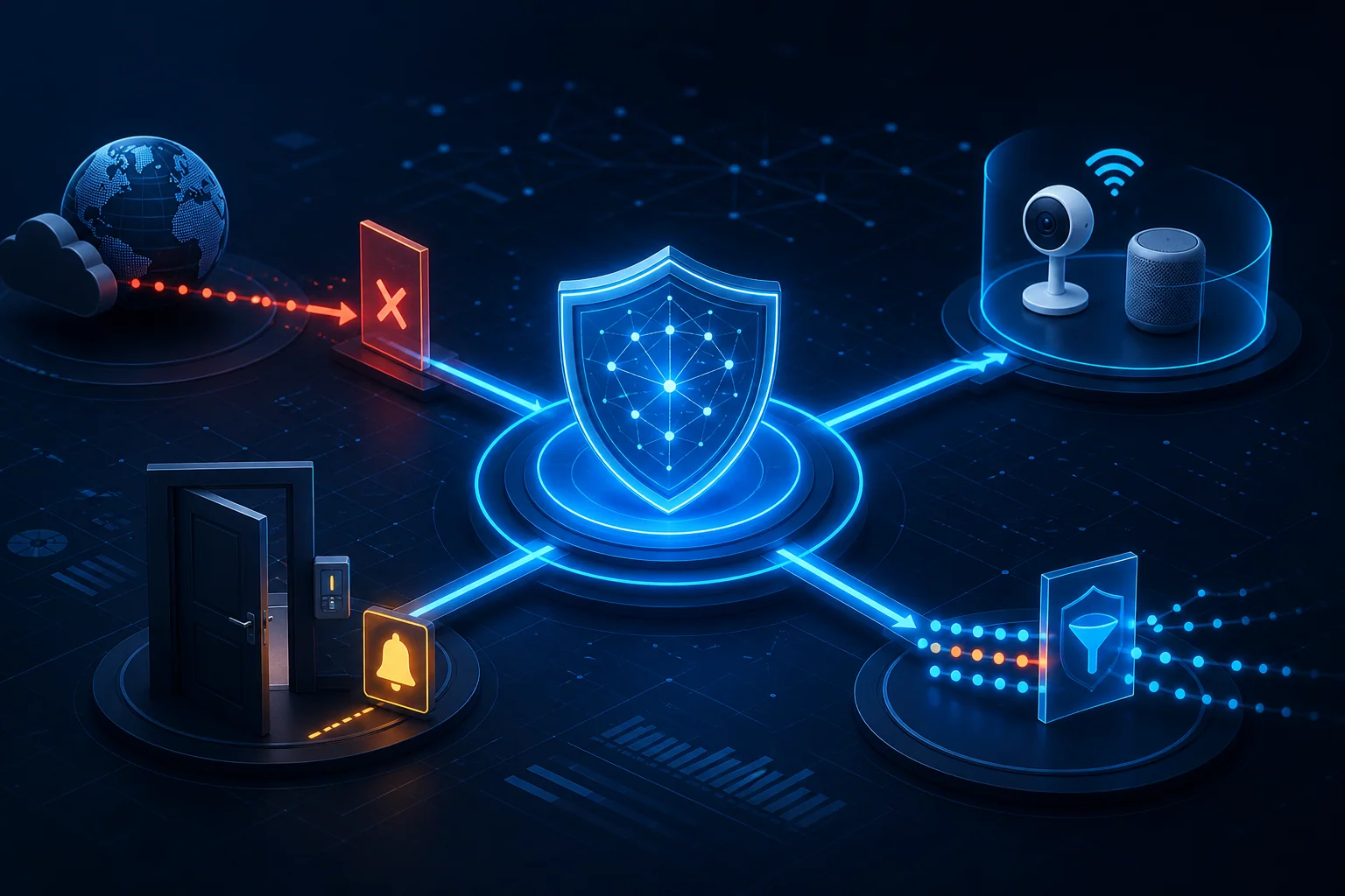 Automated security response hub blocking a threat, quarantining IoT devices, escalating door access, and filtering traffic