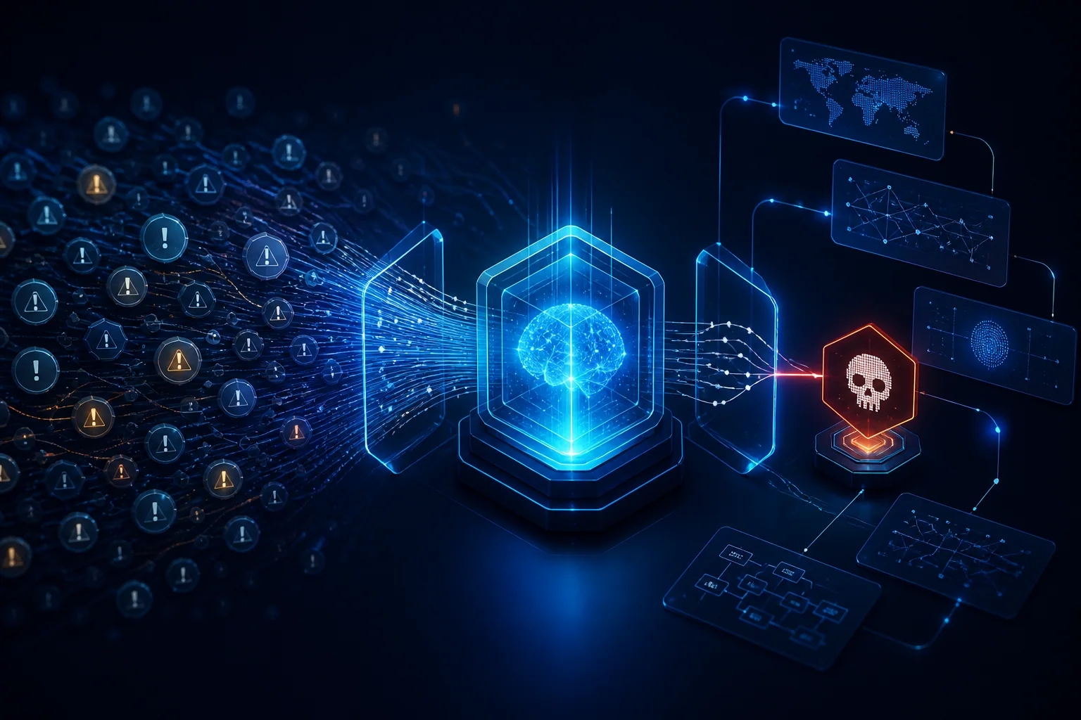 AI analysis engine filtering many security alerts to reveal a hidden malicious pattern