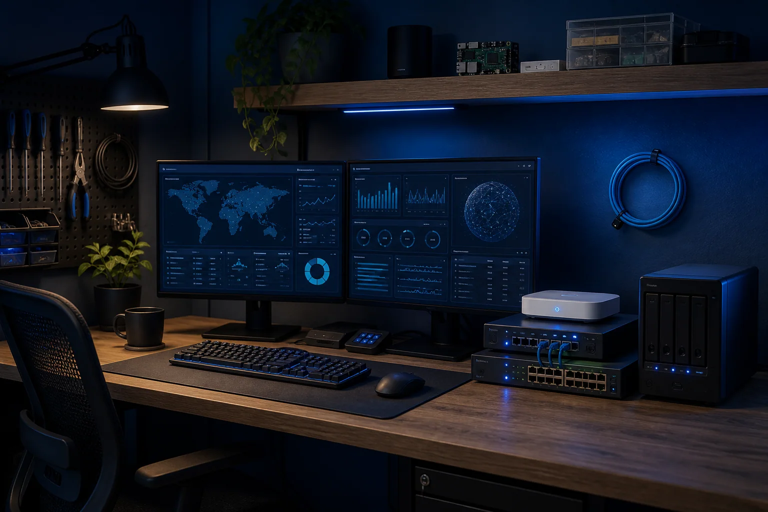 Compact home security operations workbench with network hardware and monitoring screens