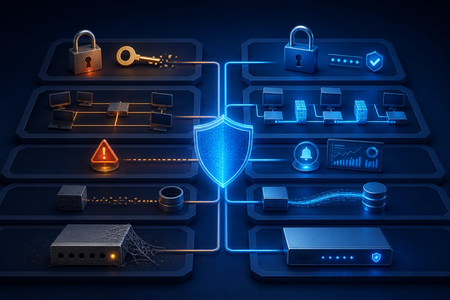 Five vulnerable points in a network being repaired by a protective security layer