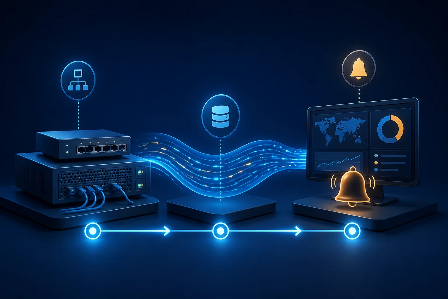 Simple setup path connecting a network console, syslog stream, and completed security alert