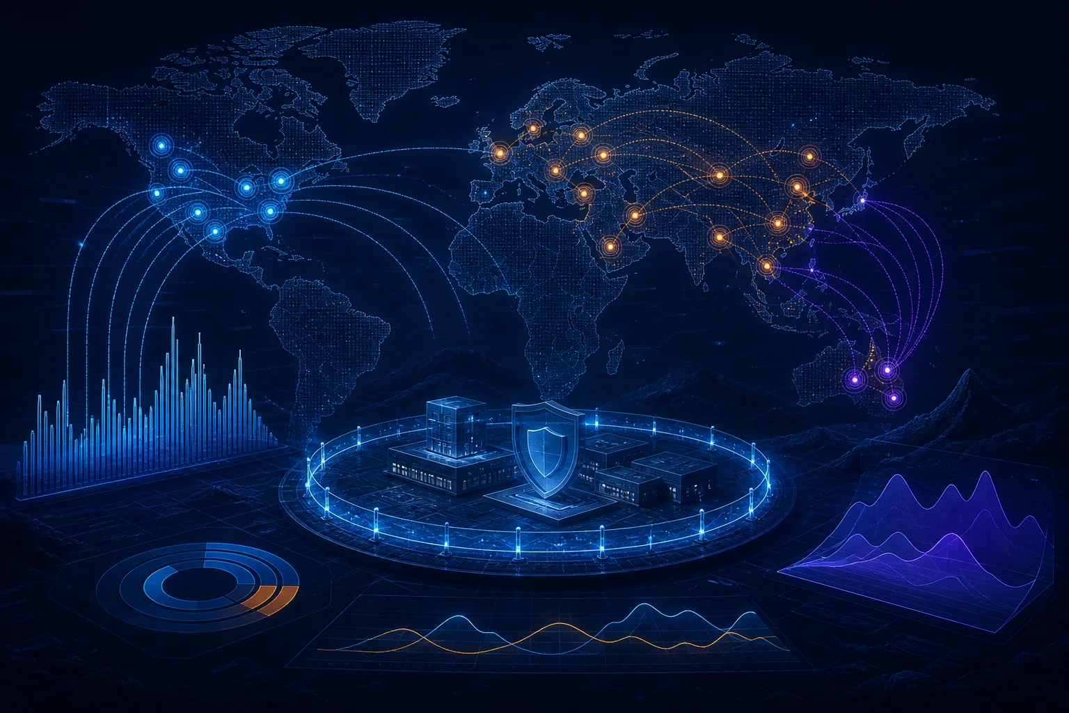 Global threat analysis showing brute-force waves, compromised IoT nodes, and DNS tunneling paths