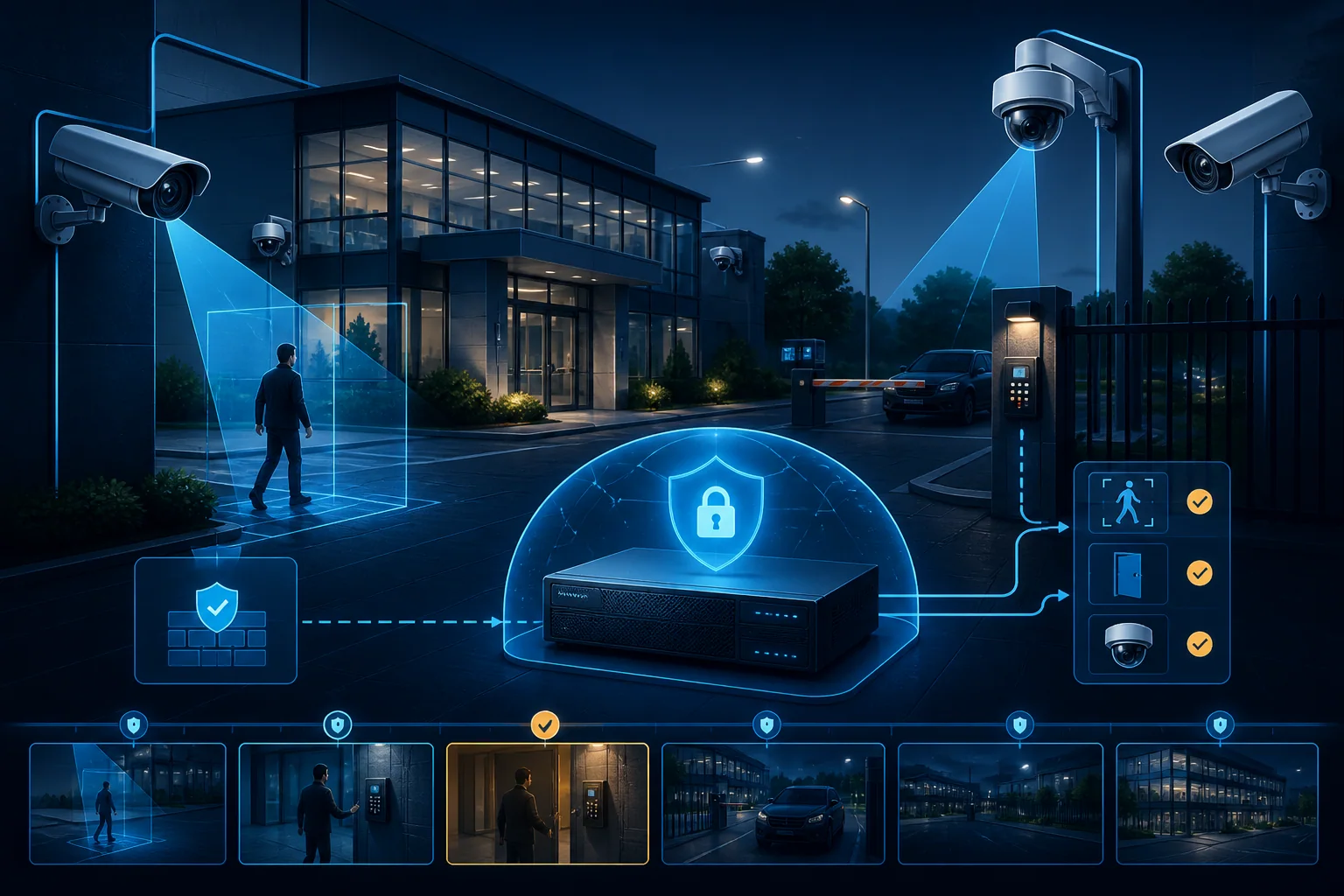 Security cameras, motion zones, and access control connected to a hardened isolated video recorder